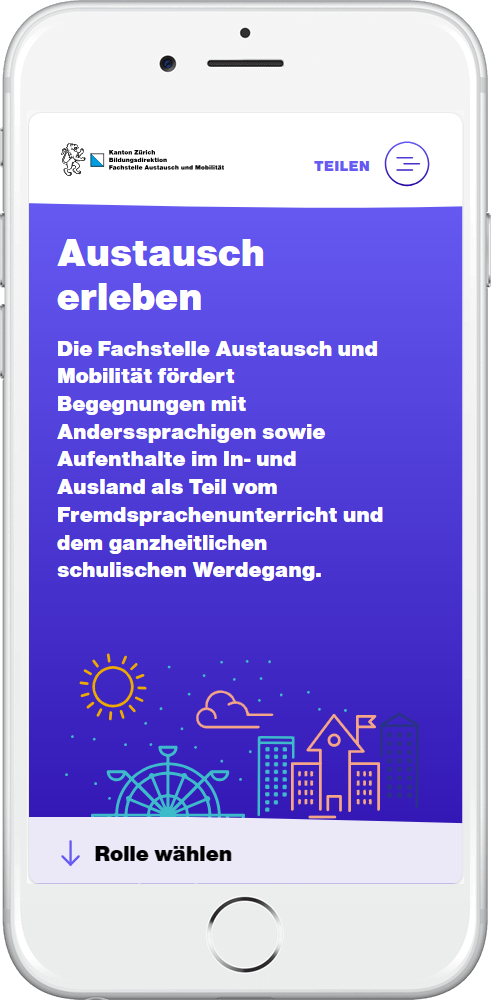 Austausch erleben - Mobile Ansicht der neuen Webseite für die Fachstelle Austausch und Mobilität Kanton Zürich